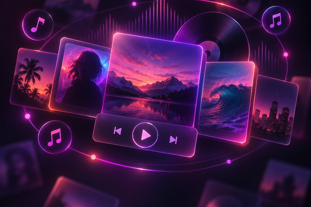 Purple player interfaces with album artwork – releases to stream and buy on Amazon Music
