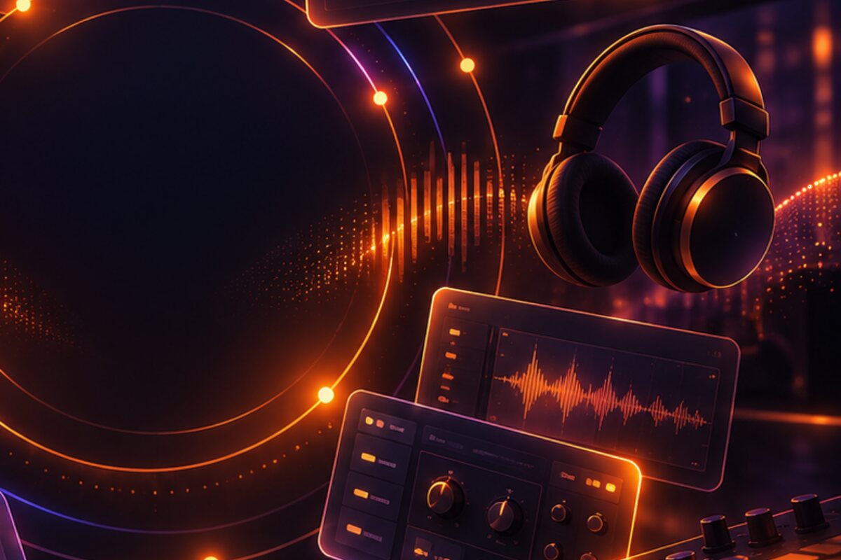 Headphones and a mixing desk in warm light, surrounded by a waveform – Beatport artist profile with all tracks for DJs