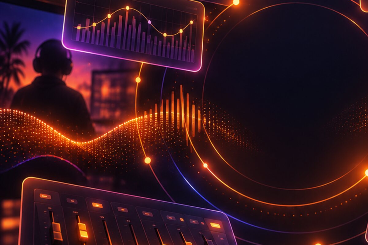 Glowing orange waveform in front of a mixing desk – the Beatport catalogue of the Tonconnection label, founded by Stefan Brandenburg