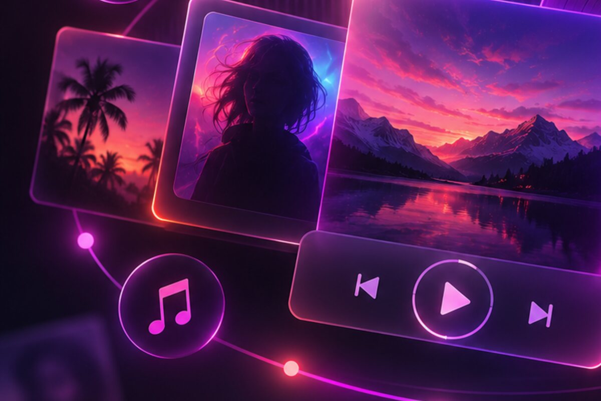 Purple album tiles with mountain and lake artwork – releases by Digitale Analogik on Amazon Music