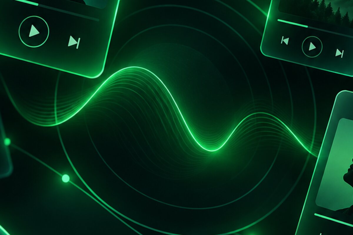 Glowing green sound wave with player interfaces – Digitale Analogik, a music project between house and tech house, on Spotify