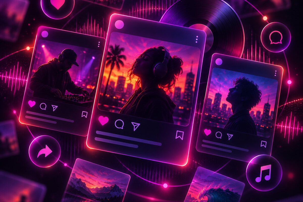 Instagram tiles with a DJ silhouette against a night skyline – studio insights, clips from performances and new recordings