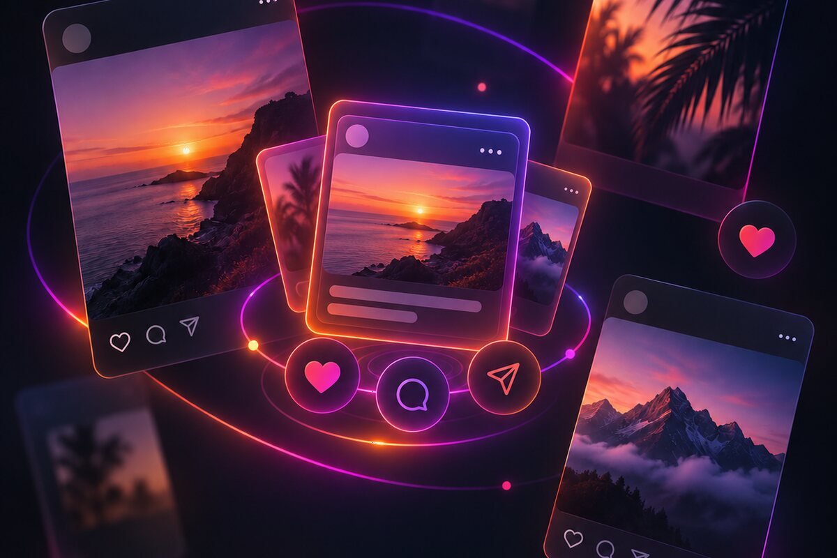 Instagram-Kacheln mit Sonnenuntergang und Herzsymbolen – Einblicke in laufende Webprojekte und die tägliche Arbeit der Agentur