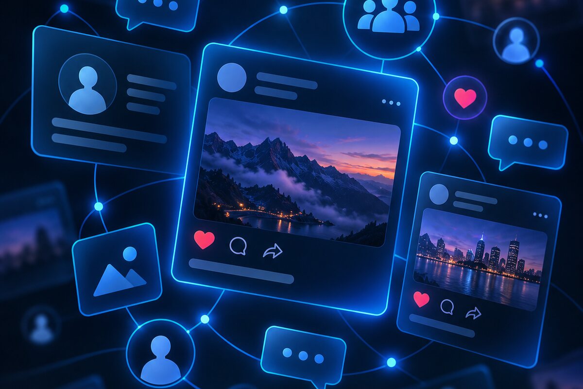 Blue post tiles with landscape photos – artist page with announcements of releases and performances