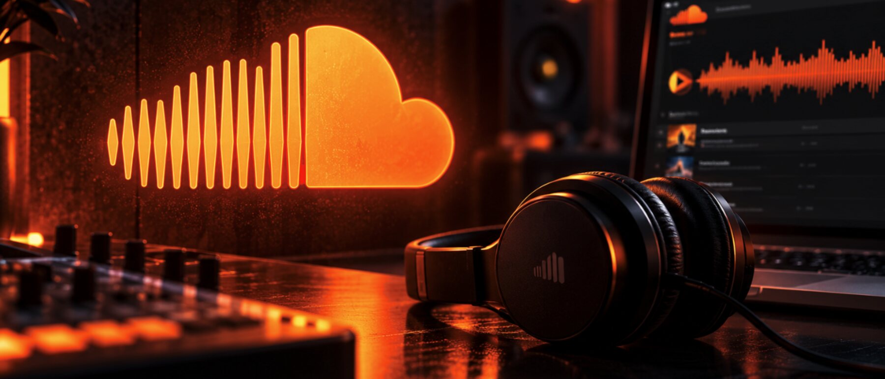 Glowing SoundCloud cloud beside headphones and a mixing desk in the studio – where Stefan Brandenburg releases new tracks and sounds