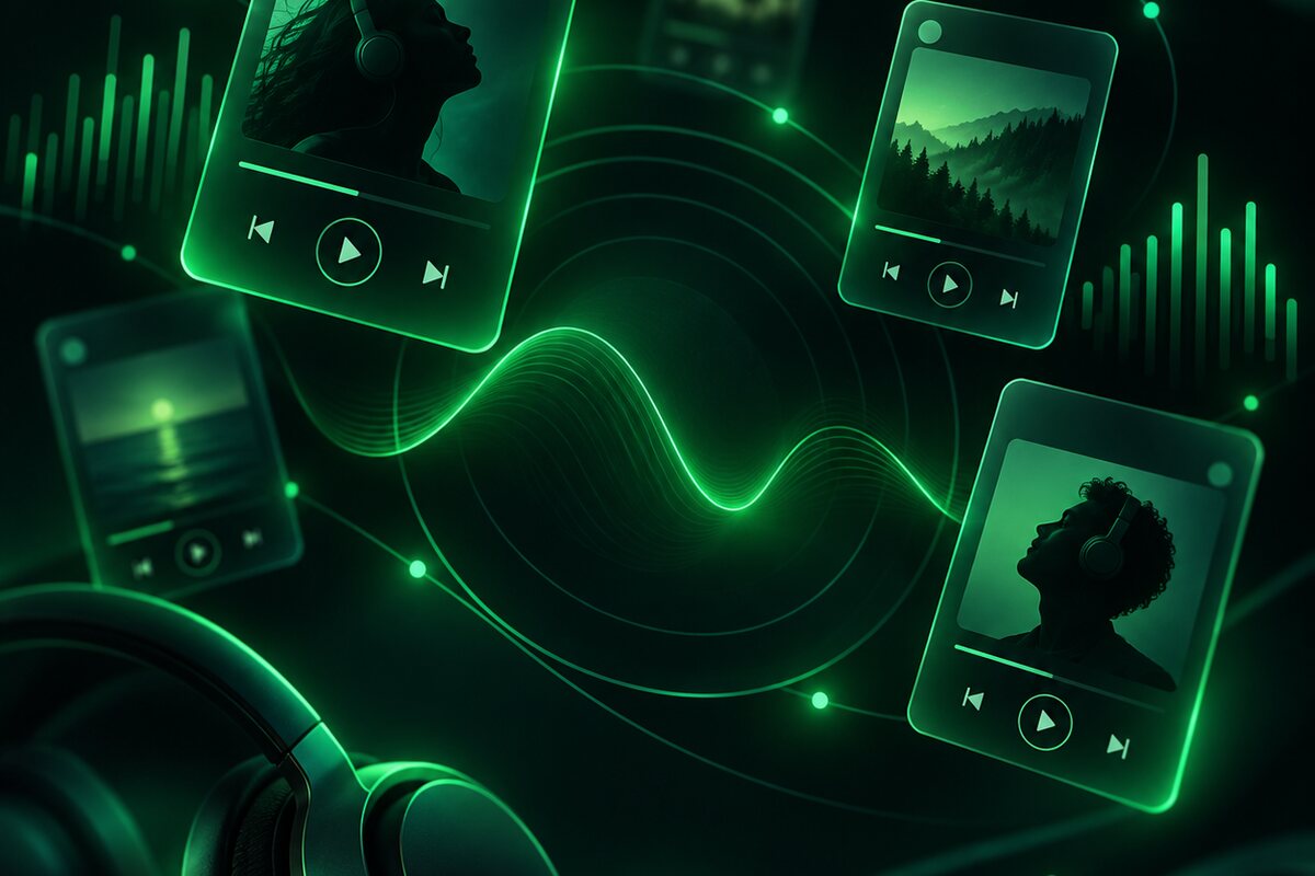 Green sound wave with player interfaces – electronic music releases and playlists to stream on Spotify