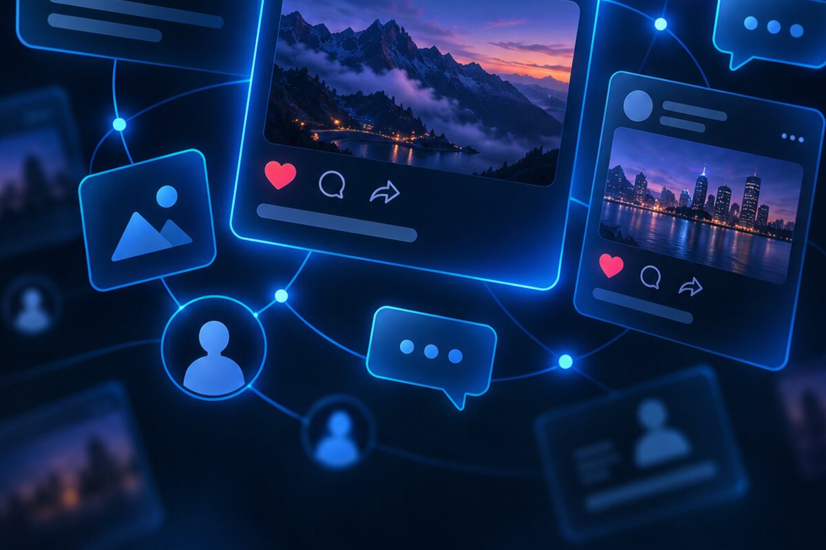 Blue social media tiles with landscape photos – news and release announcements from the Tonconnection label