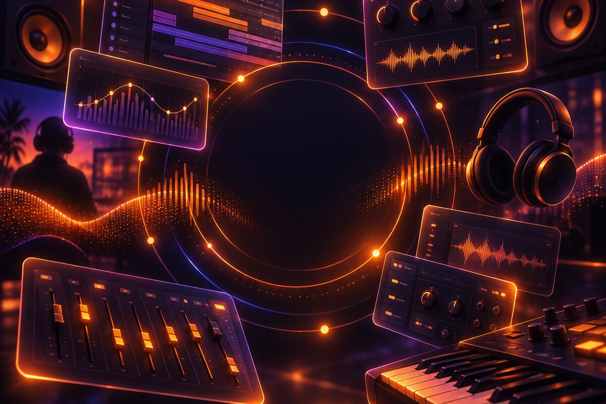 Mixing desk, headphones and waveform in warm orange – Tonconnection, a record label for electronic dance music