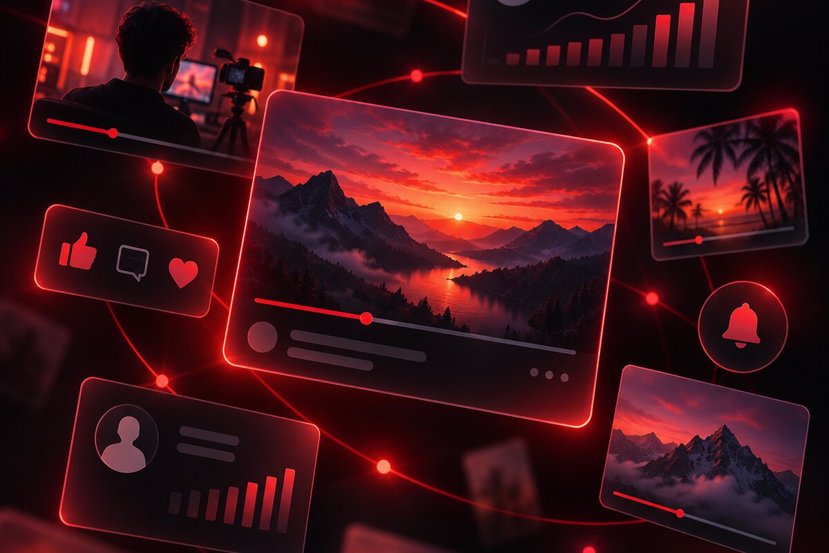 Glowing red video tiles with a mountain panorama – YouTube channel with videos, clips and electronic music recordings